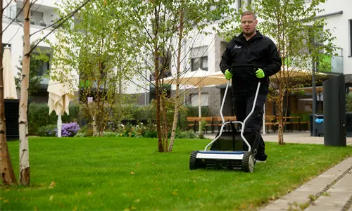 Mitarbeiter des Immobilien Service Mauss mäht Rasen im Rahmen der Grünflächenpflege und Außenanlagenbetreuung in Düsseldorf.